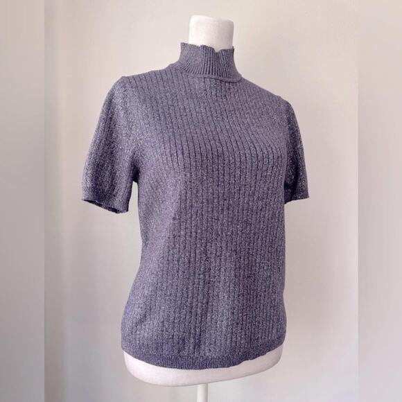 Vintage '00s Koret Purple Metallic Ribbed Short Sleeve Turtleneck Sweater - Picture 3 of 6